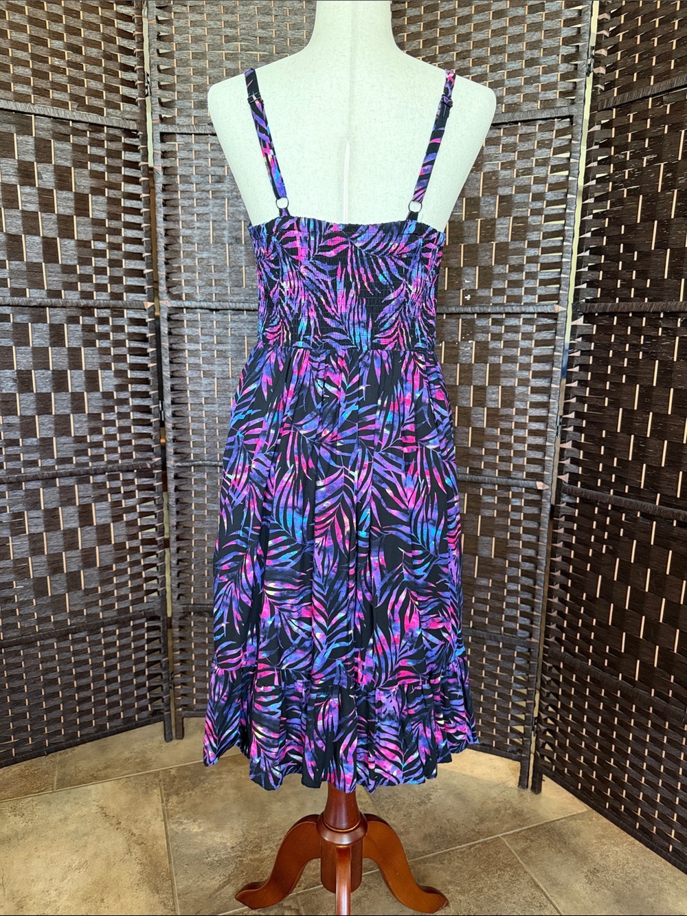 Torrid Black Tropical Print Midi Dress with Purple & Pink Leaves - Picture 3 of 5